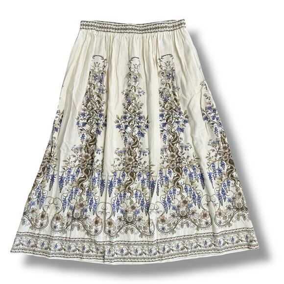 Max Studio London Floral Border Print Midi Skirt Cream Beige Blue Boho Style M - Picture 5 of 8